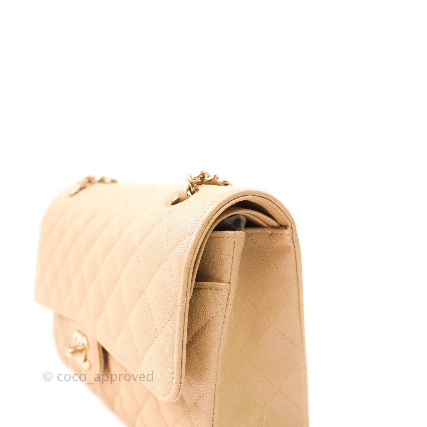 Chanel Classic M/L Medium Double Flap Iridescent Beige Caviar Gold Hardware 19S
