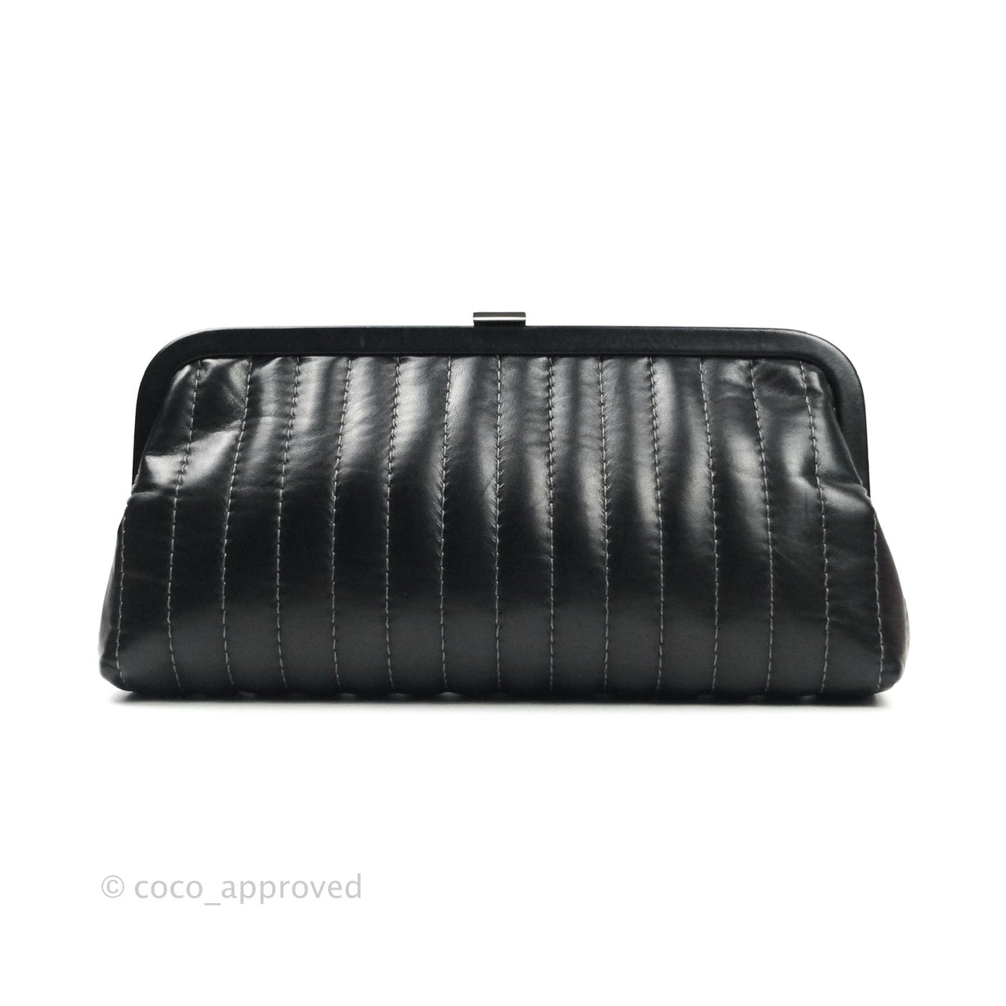 Chanel Vertical Stitch Kiss Lock Black Lambskin Clutch Silver Hardware