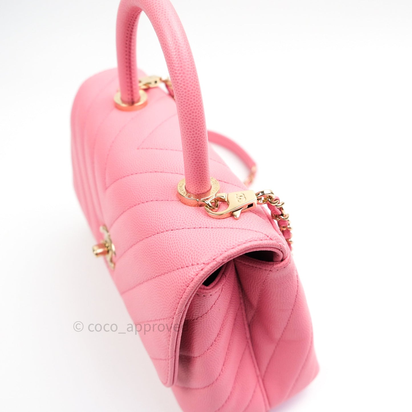 Chanel Mini Coco Handle Chevron Pink Caviar Quilted Gold Hardware