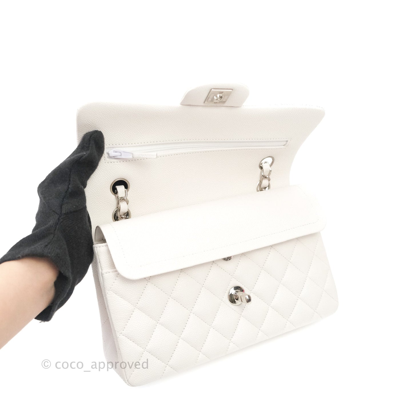 Chanel Classic Small S/M Flap White Caviar Silver Hardware