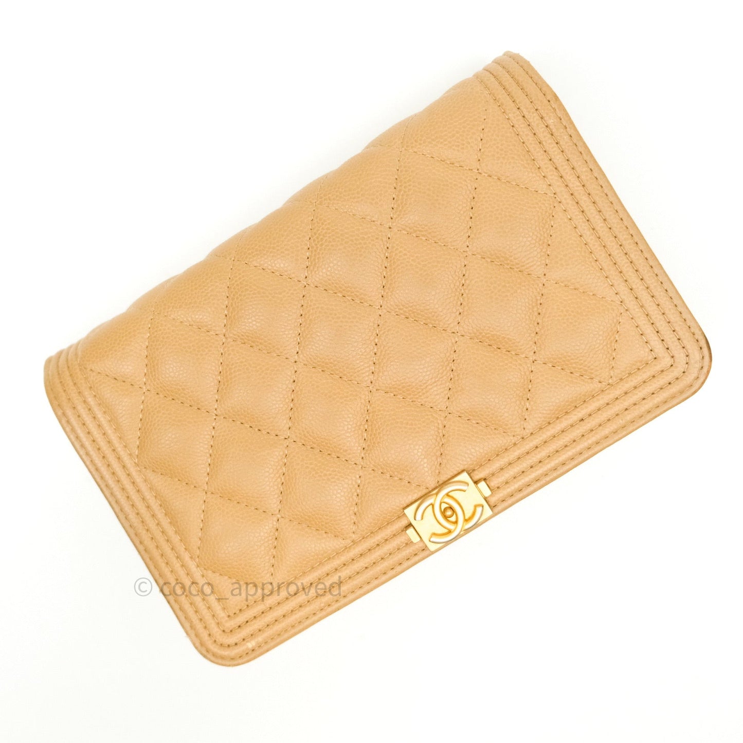 Chanel Quilted Boy Wallet on Chain WOC Beige Caviar Gold Hardware
