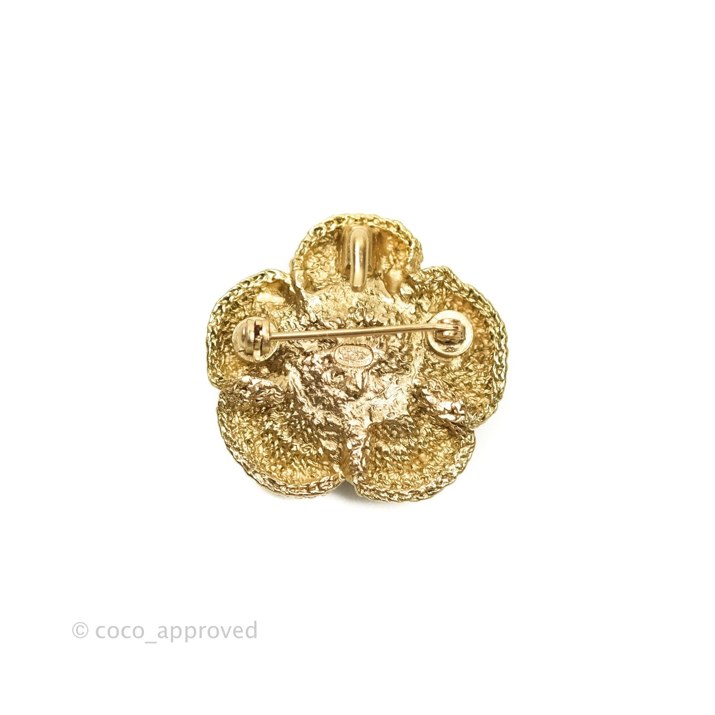 Chanel Camellia CC Rhinestone Pin Brooch Gold Tone