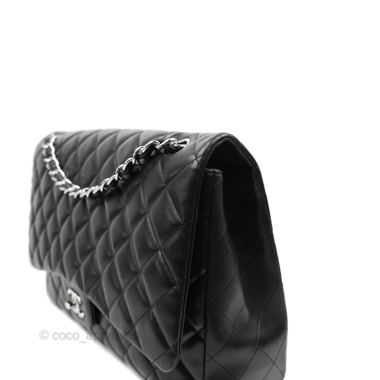 Chanel Quilted Single Flap Maxi Flap Black Lambskin Silver Hardware
