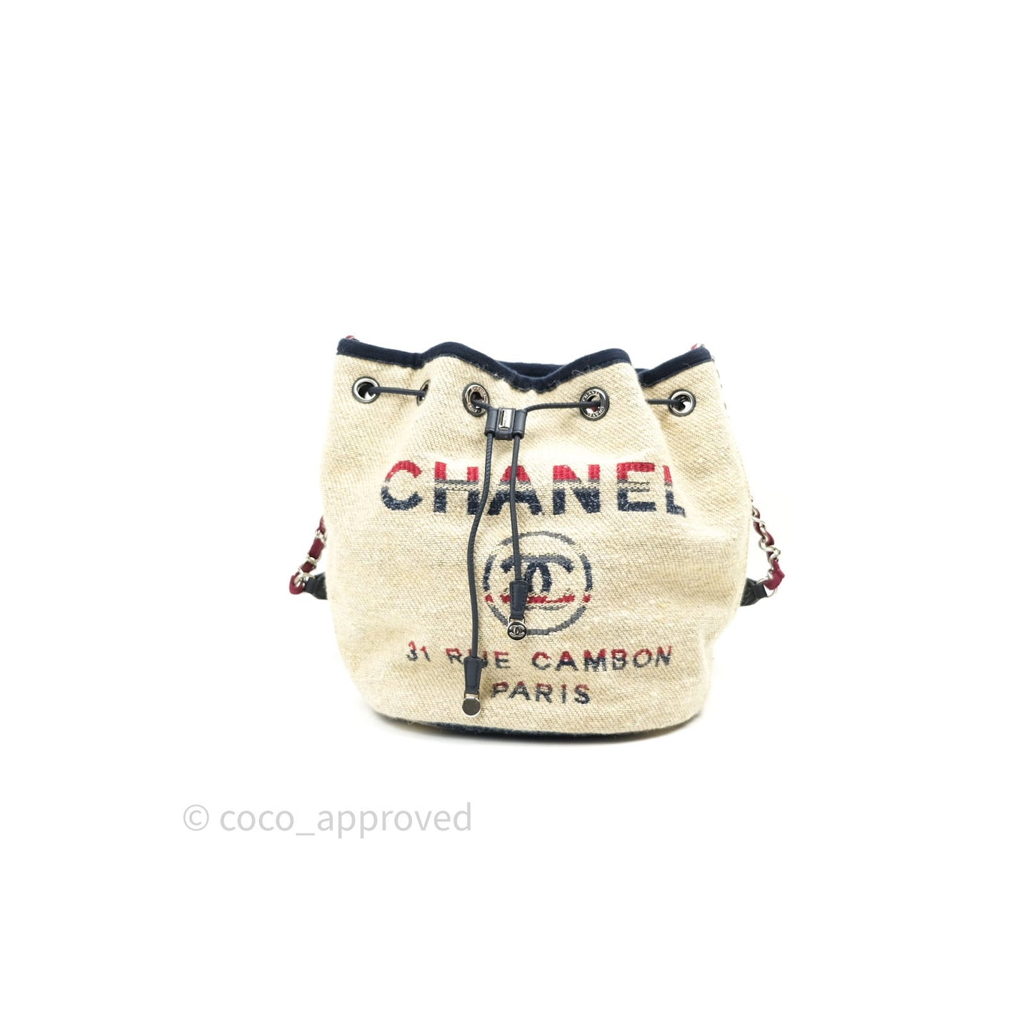 Chanel Canvas Deauville Drawstring Bag Beige Red