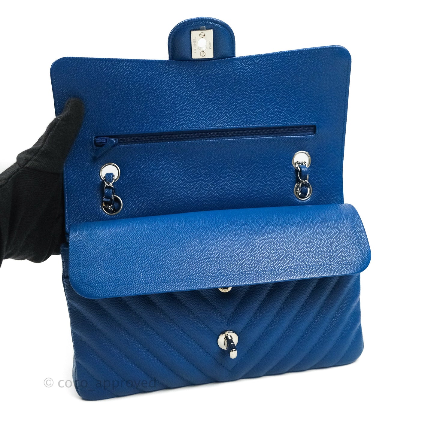 Chanel Classic Chevron M/L Medium Double Flap Blue Caviar Silver Hardware