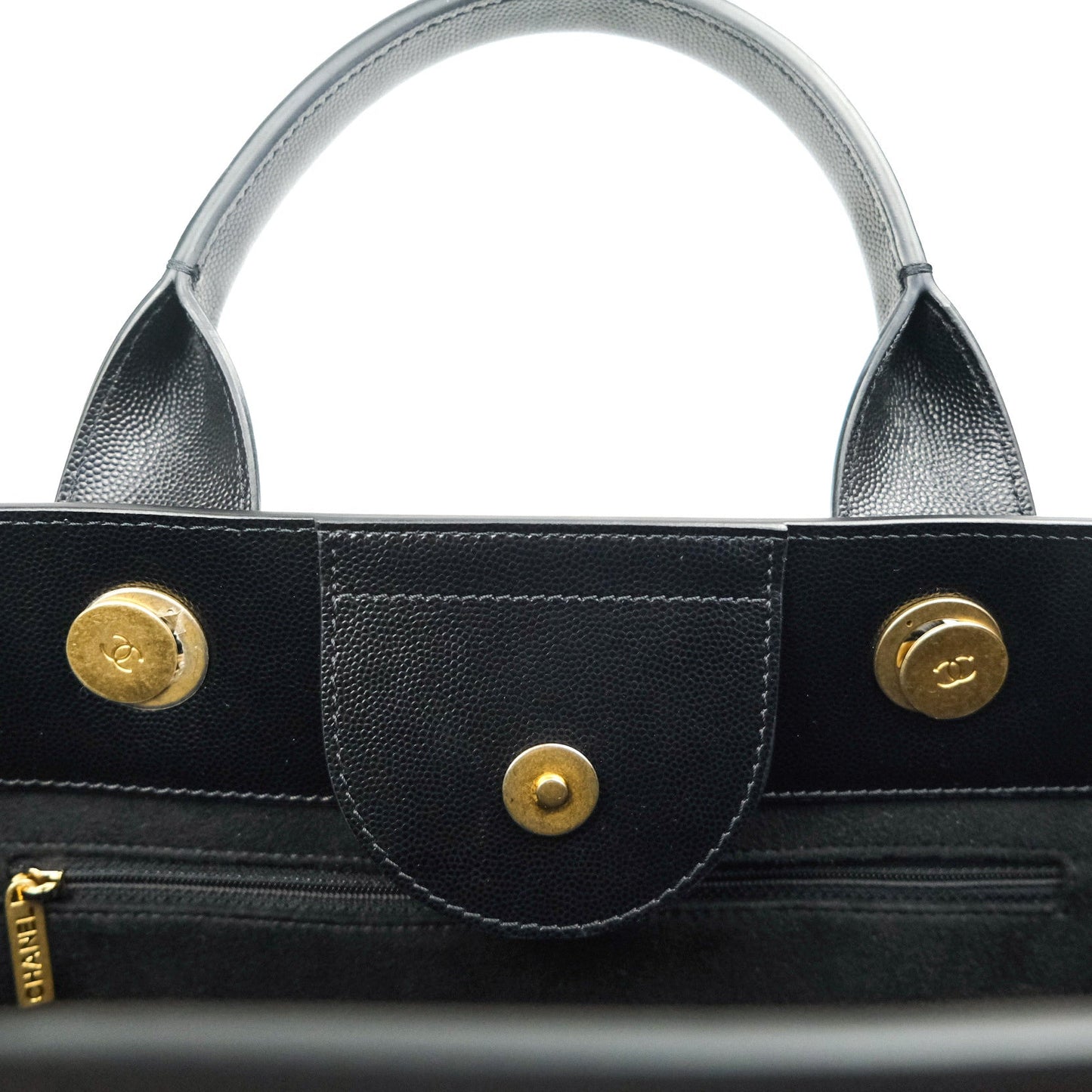Chanel Small Studded Deauville Tote Black Caviar Gold Hardware