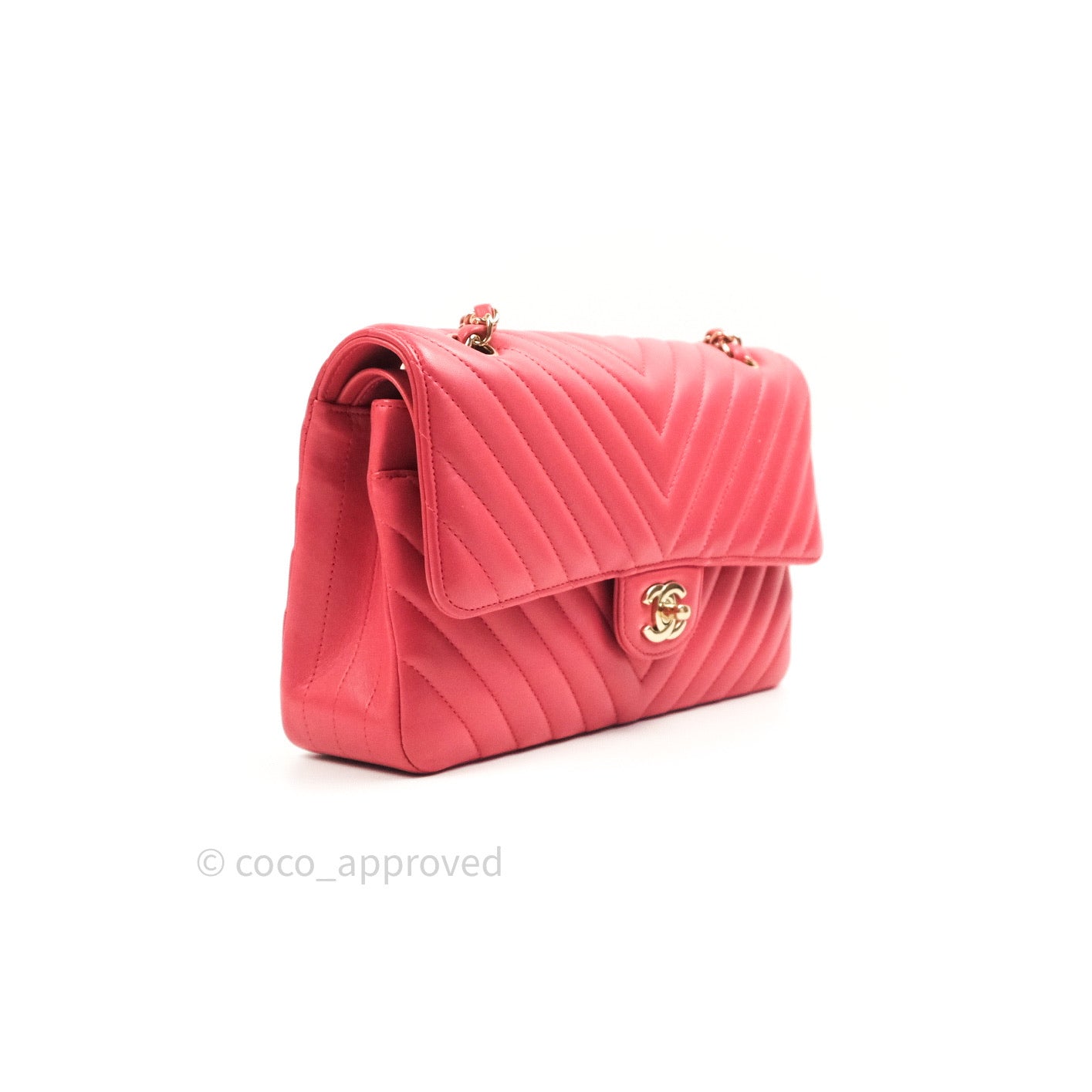 Chanel Chevron M/L Medium Double Flap Bag Dark Pink Lambskin Gold Hardware