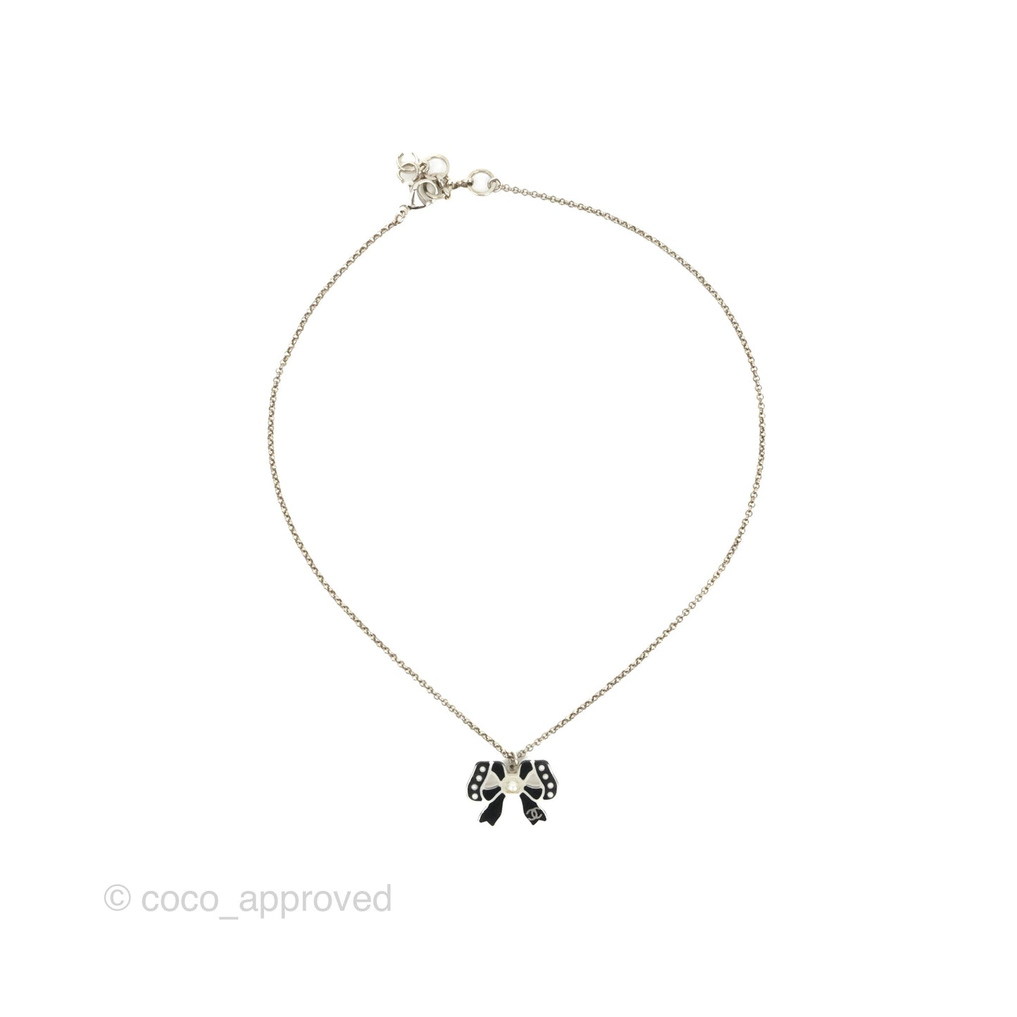 Chanel CC Pearl Bow Necklace Black Silver Hardware 18P