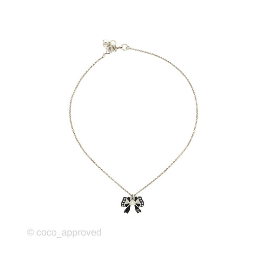 Chanel CC Pearl Bow Necklace Black Silver Hardware 18P