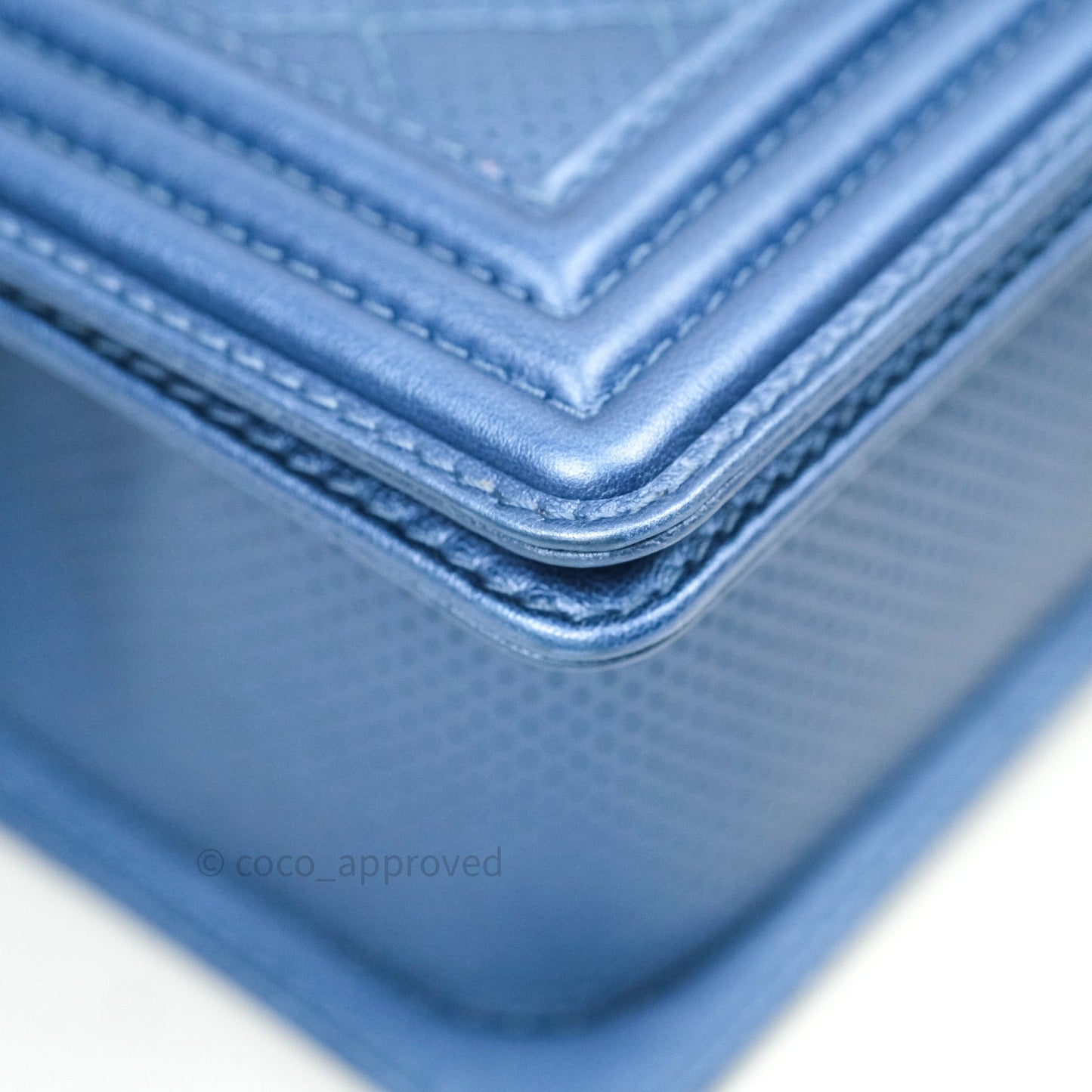 Chanel Boy Medium Blue Metallic Calfskin Perforated Silver Hardware