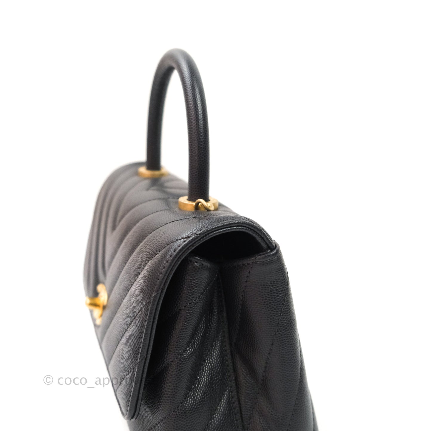 Chanel Quilted Mini Coco Handle Chevron Dark Grey Caviar Gold Hardware