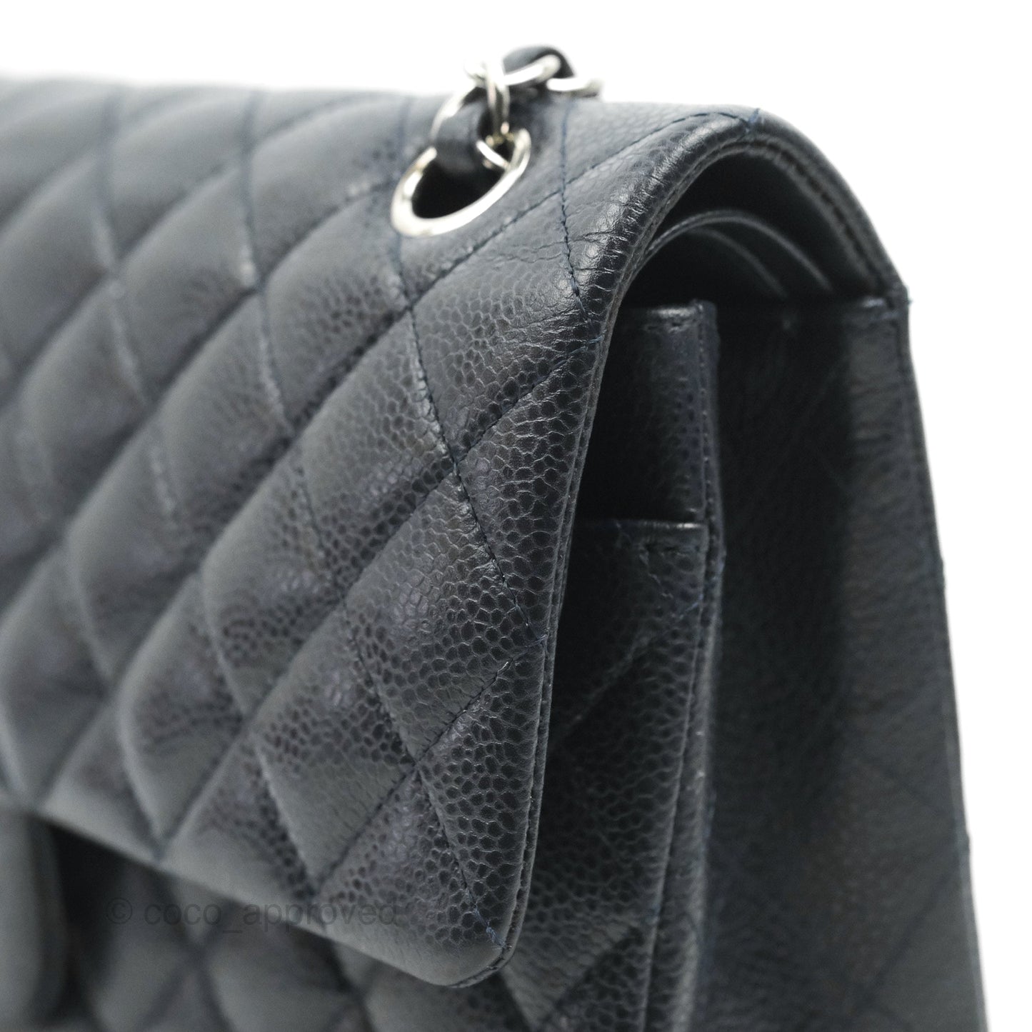 Chanel Quilted M/L Medium Double Flap Very Dark Navy Caviar Silver Hardware