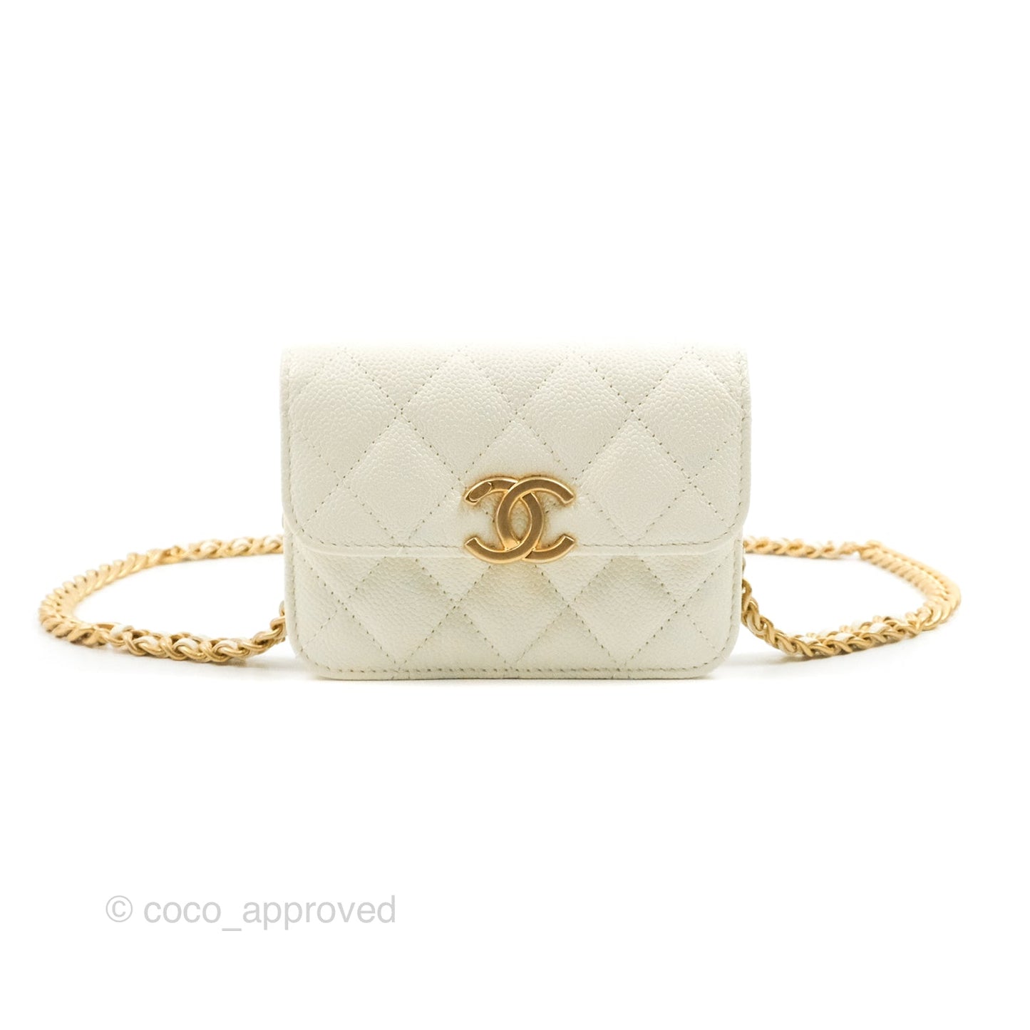 Chanel Mini Clutch With Chain White Caviar Aged Gold Hardware