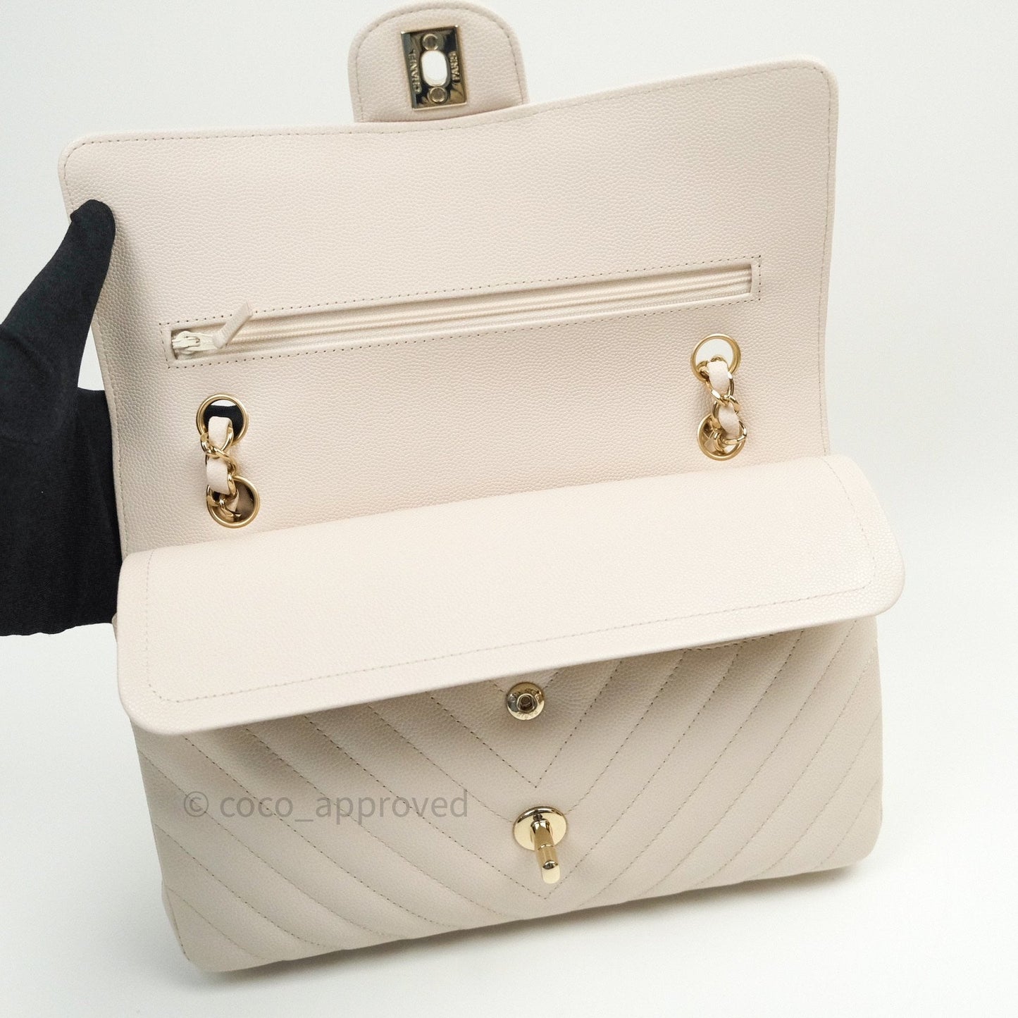 Chanel Classic M/L Medium Double Flap Chevron Ivory Caviar Gold Hardware