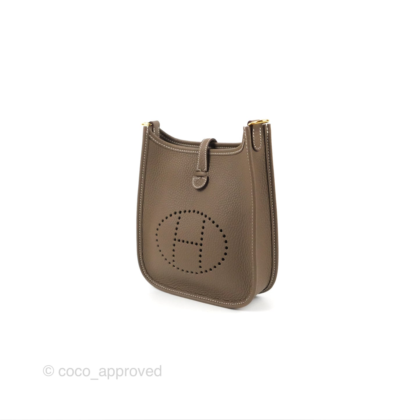 Hermès Mini Evelyne 16 Etoupe Clemence Gold Hardware with Bleu Indigo Strap