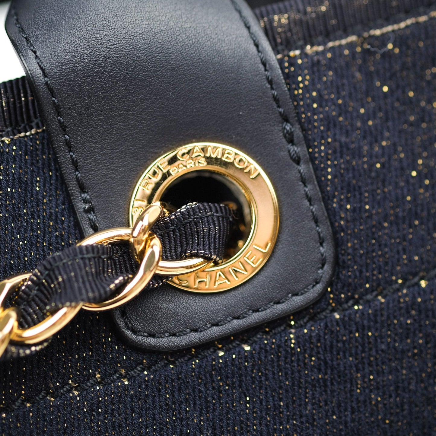 Chanel Canvas Large Deauville Tote Navy Glittery Gold Logo 19B