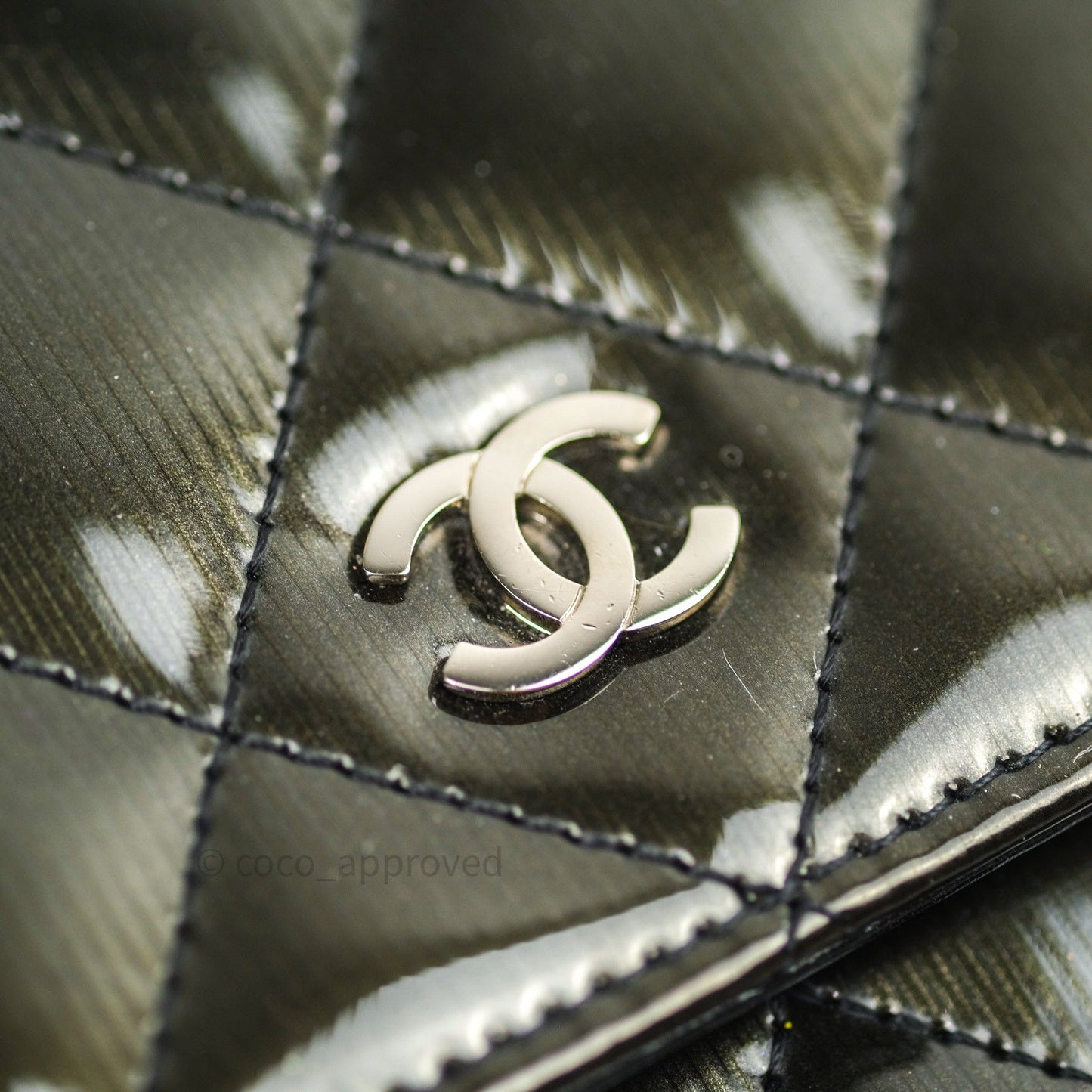Chanel Quilted Wallet on Chain WOC Dark Green Patent Leather Silver Hardware