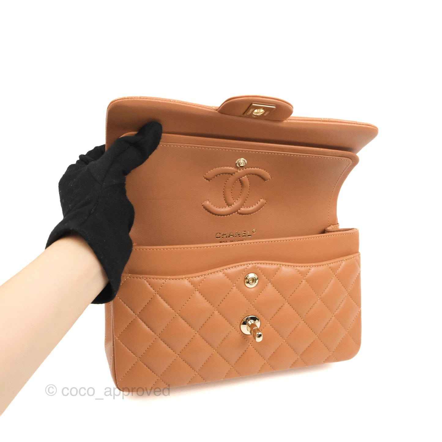 Chanel Small Classic Quilted Flap Dark Beige Caramel Lambskin Gold Hardware
