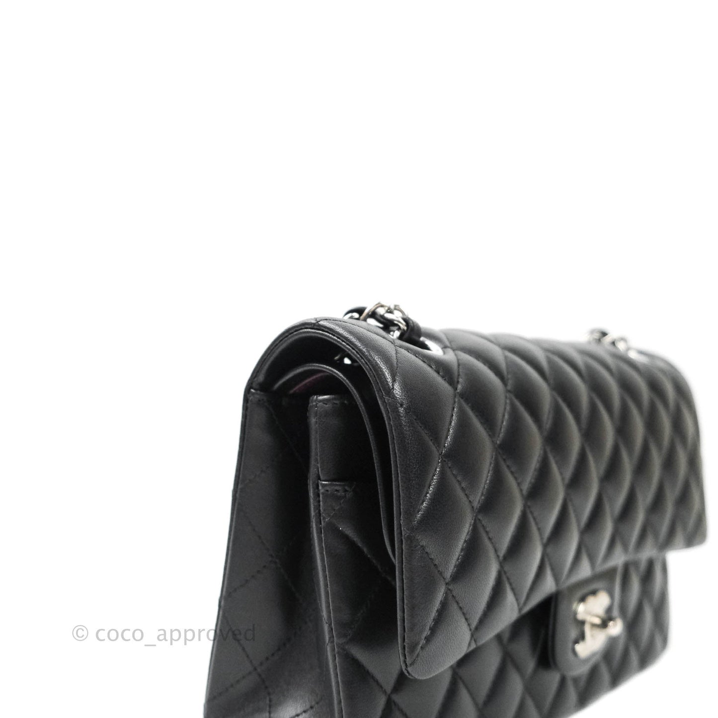 Chanel Classic M/L Medium Double Flap Bag Black Lambskin Silver Hardware