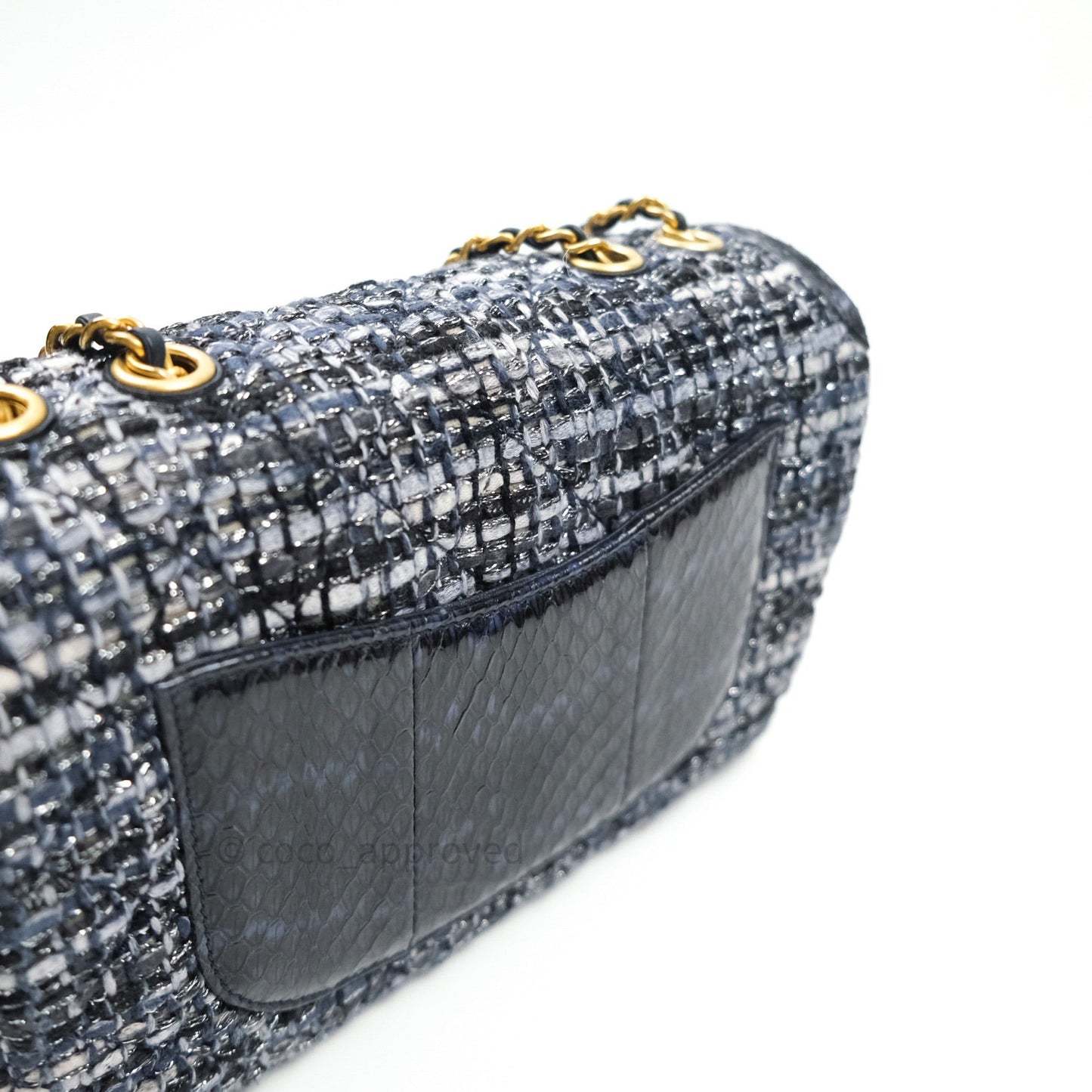 Chanel Quilted Small CC Filigree Flap Blue Tweed With Python 18S