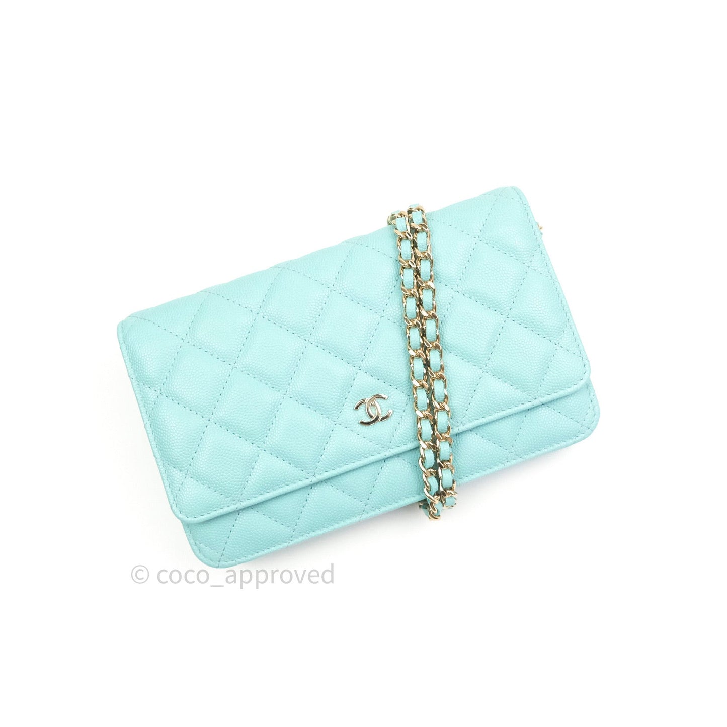 Chanel Quilted Wallet on Chain WOC Tiffany Blue Caviar Light Gold Hardware