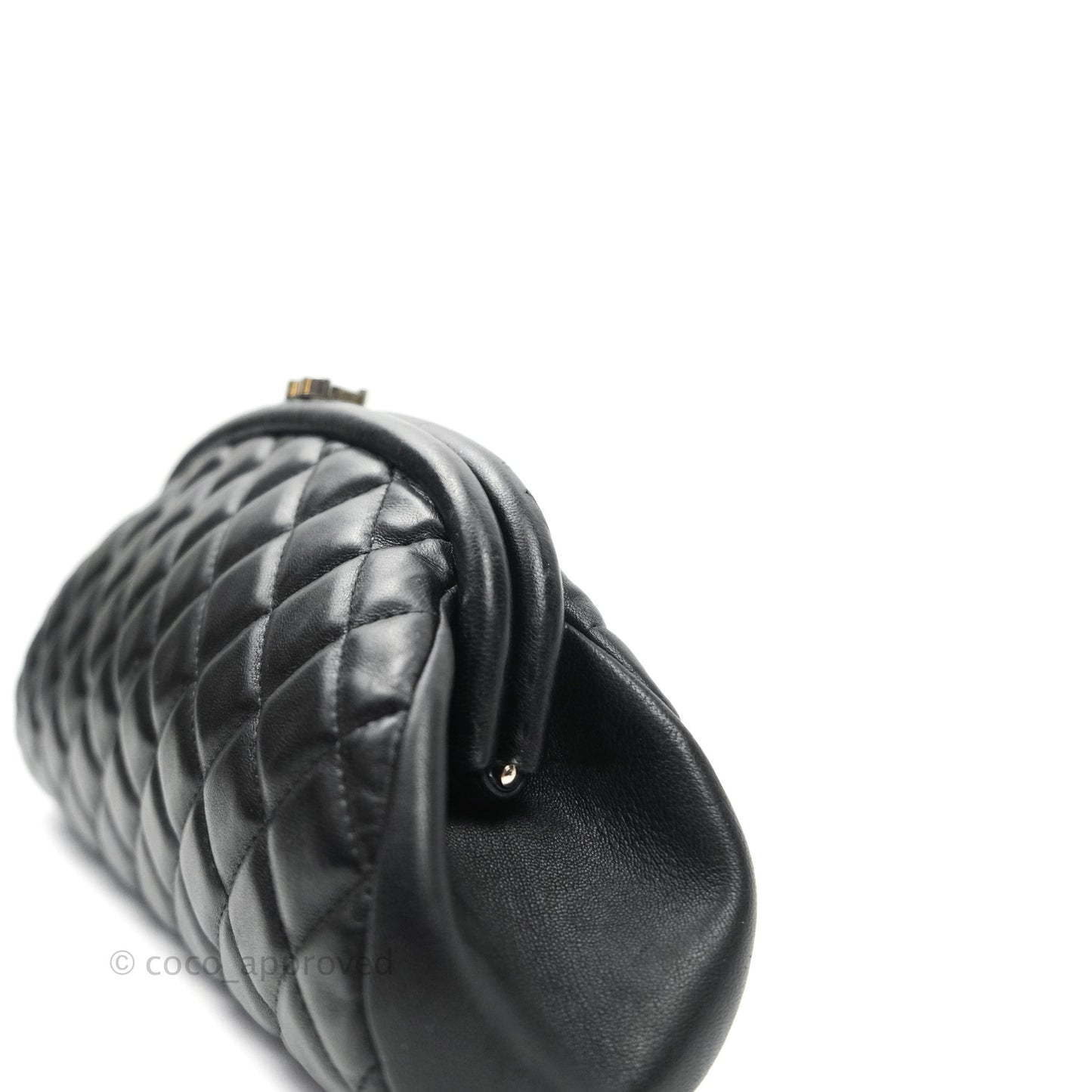 Chanel Quilted Timeless Kisslock Clutch Black Lambskin Silver Hardware