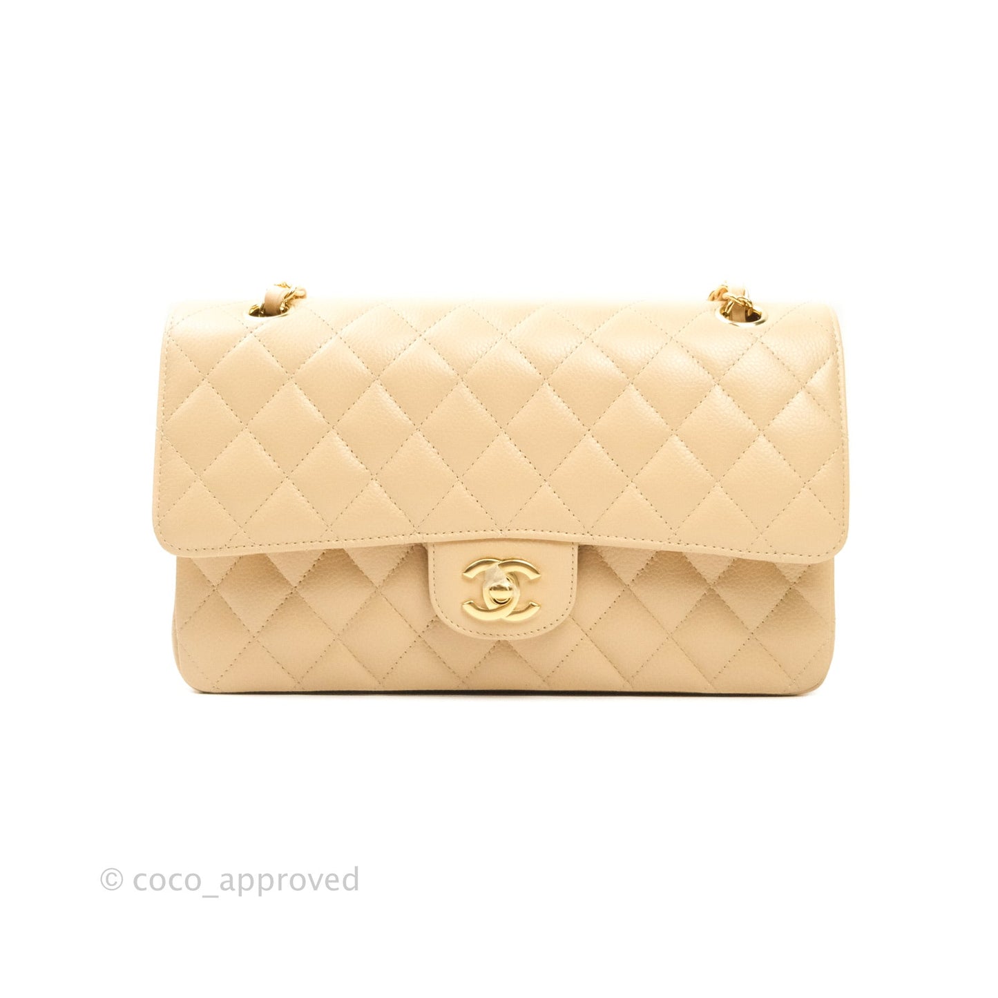 Chanel Classic M/L Medium Double Flap Bag Beige Caviar Gold Hardware