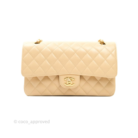 Chanel Classic M/L Medium Double Flap Bag Beige Caviar Gold Hardware
