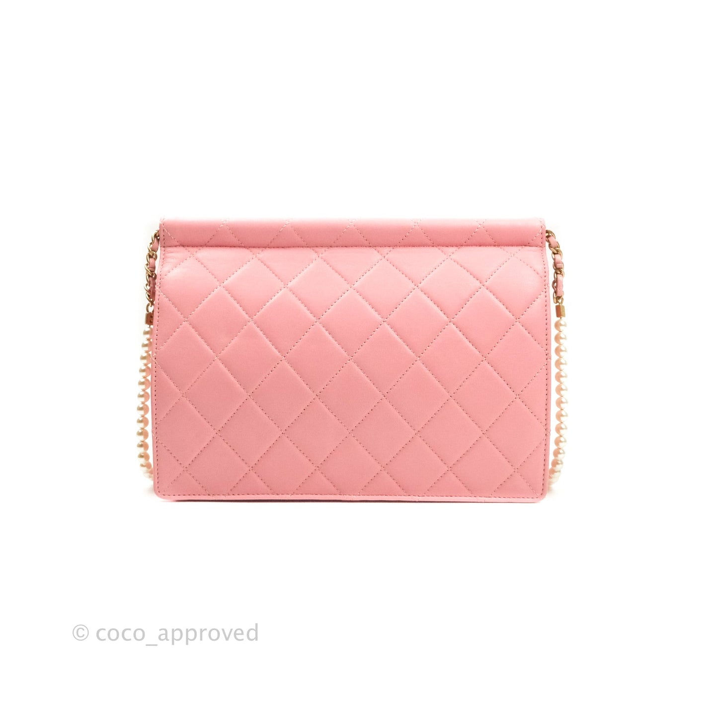 Chanel Large Quilted Lambskin Pearl Chain Flap Bag Pink Aged Gold Hardware
