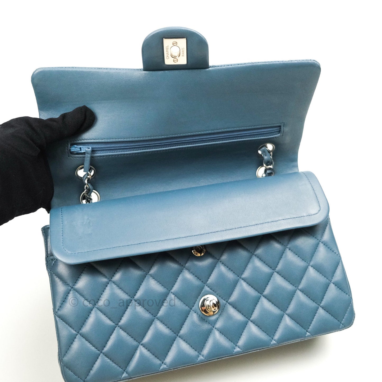 Chanel Classic M/L Lambskin Medium Double Flap Teal Blue Silver Hardware