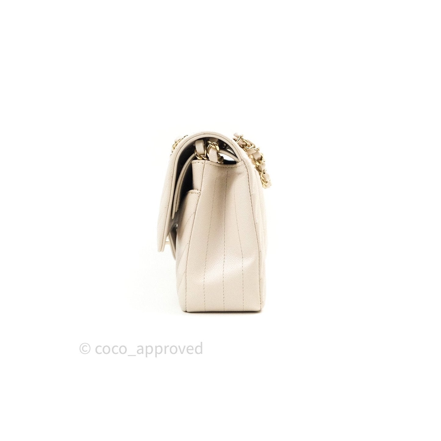 Chanel Classic M/L Medium Double Flap Chevron Ivory Caviar Gold Hardware
