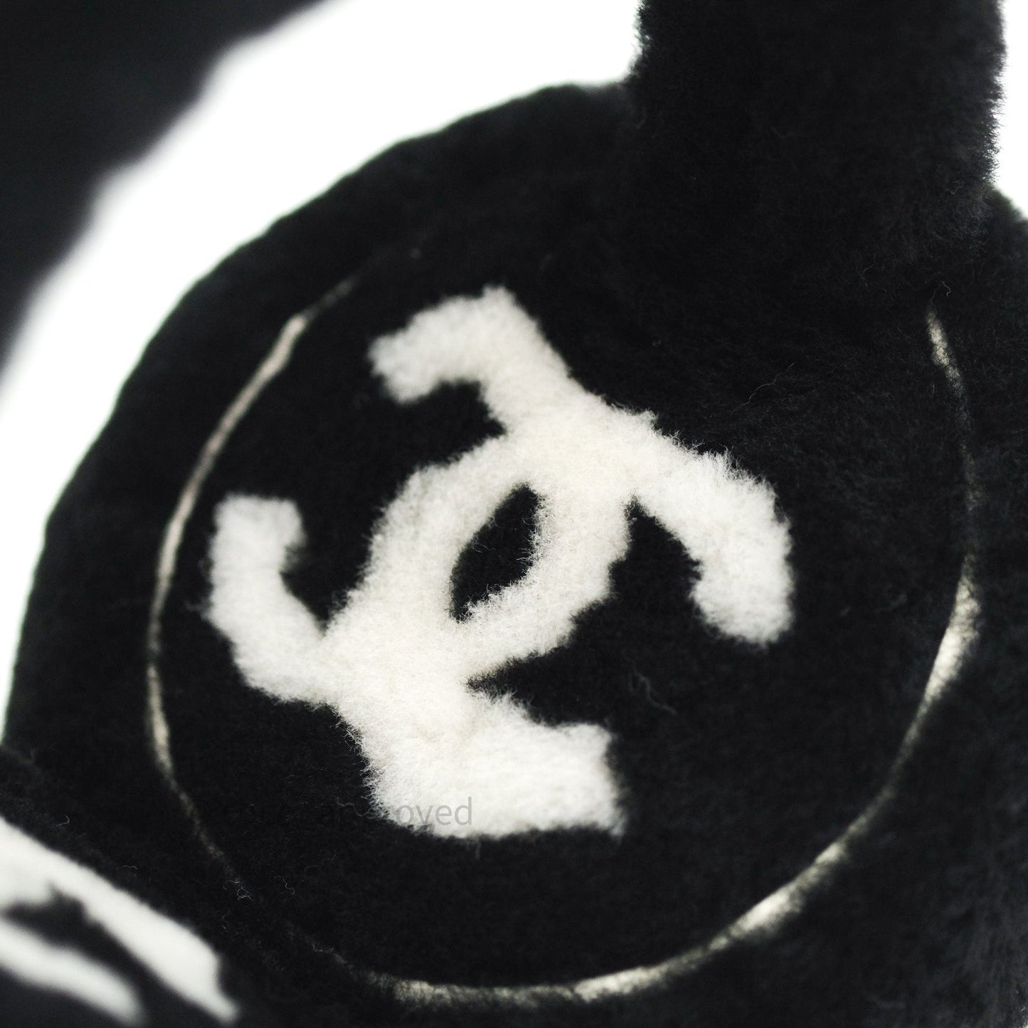 Chanel Shearling Cashmere Black Ivory Logo Earmuffs