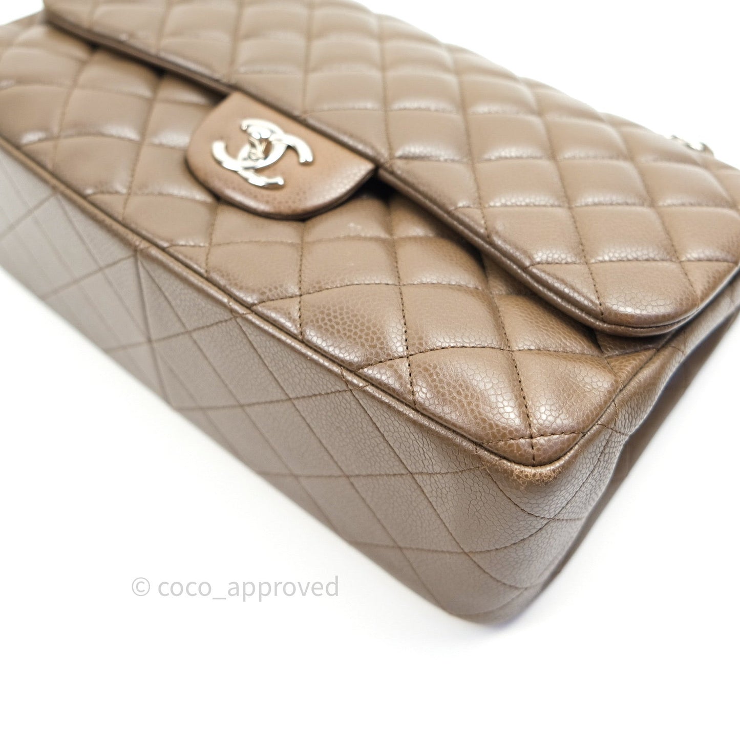Chanel Classic Double Flap Quilted Jumbo Double Flap Khaki Caviar Silver Hardware