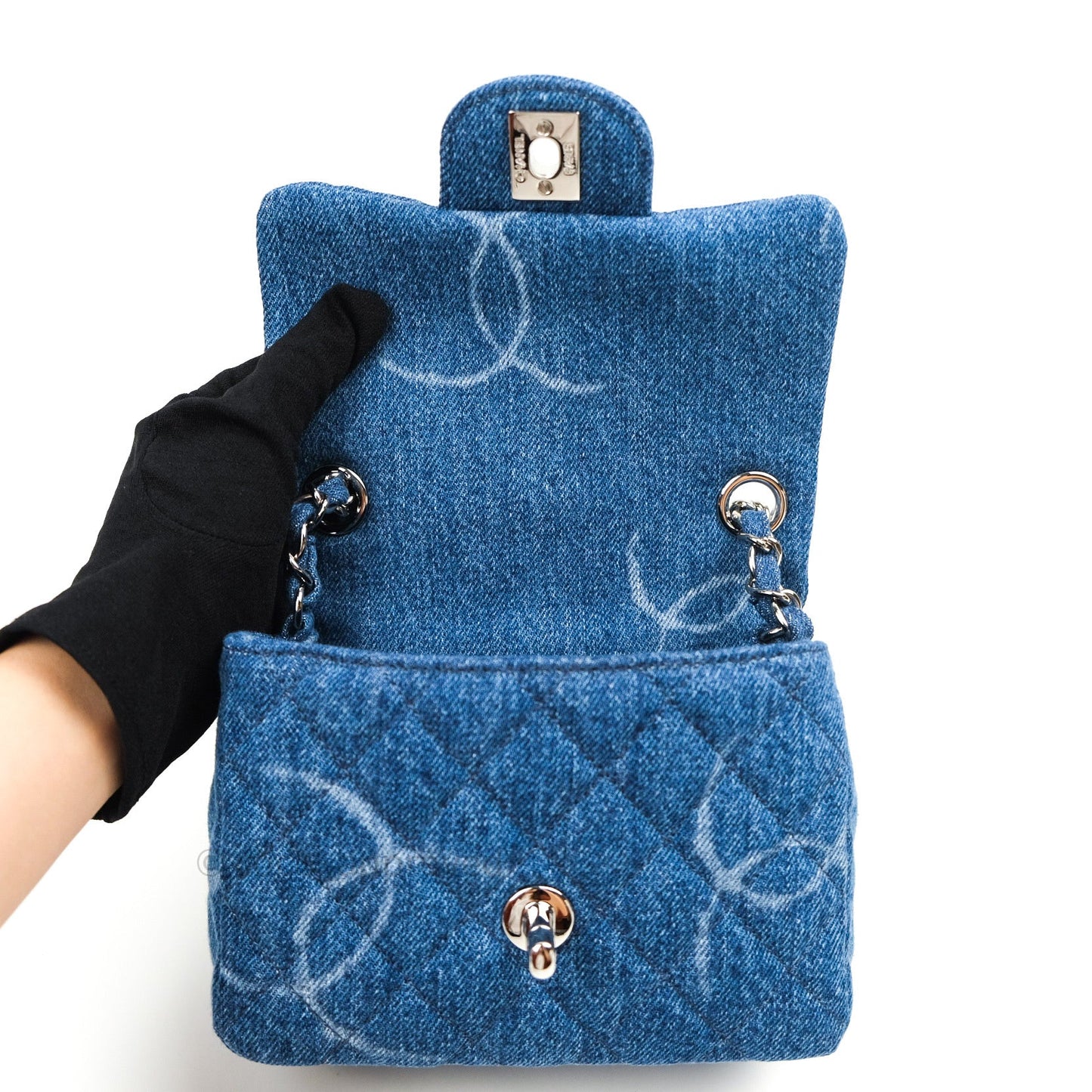 Chanel Mini Square Blue Denim Silver Hardware