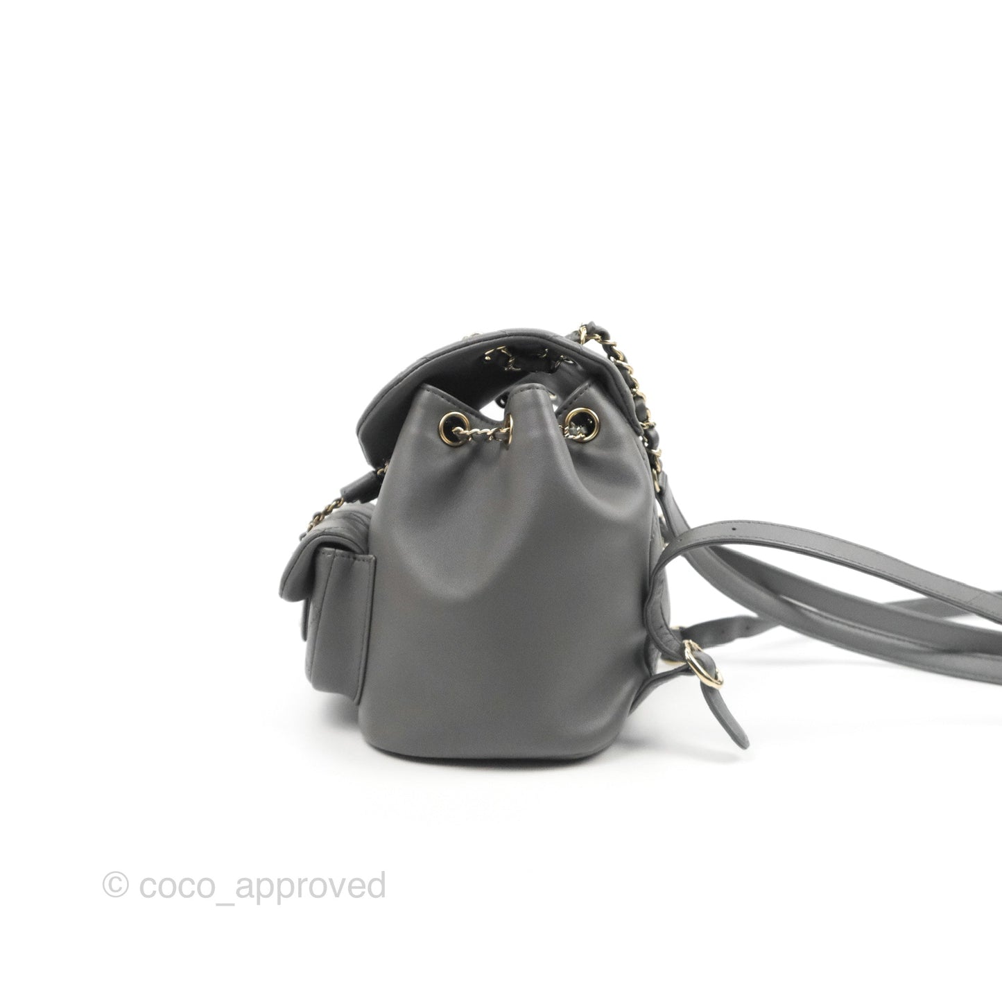 Chanel Quilted Small Duma Drawstring Backpack Grey Lambskin Gold Hardware 22A