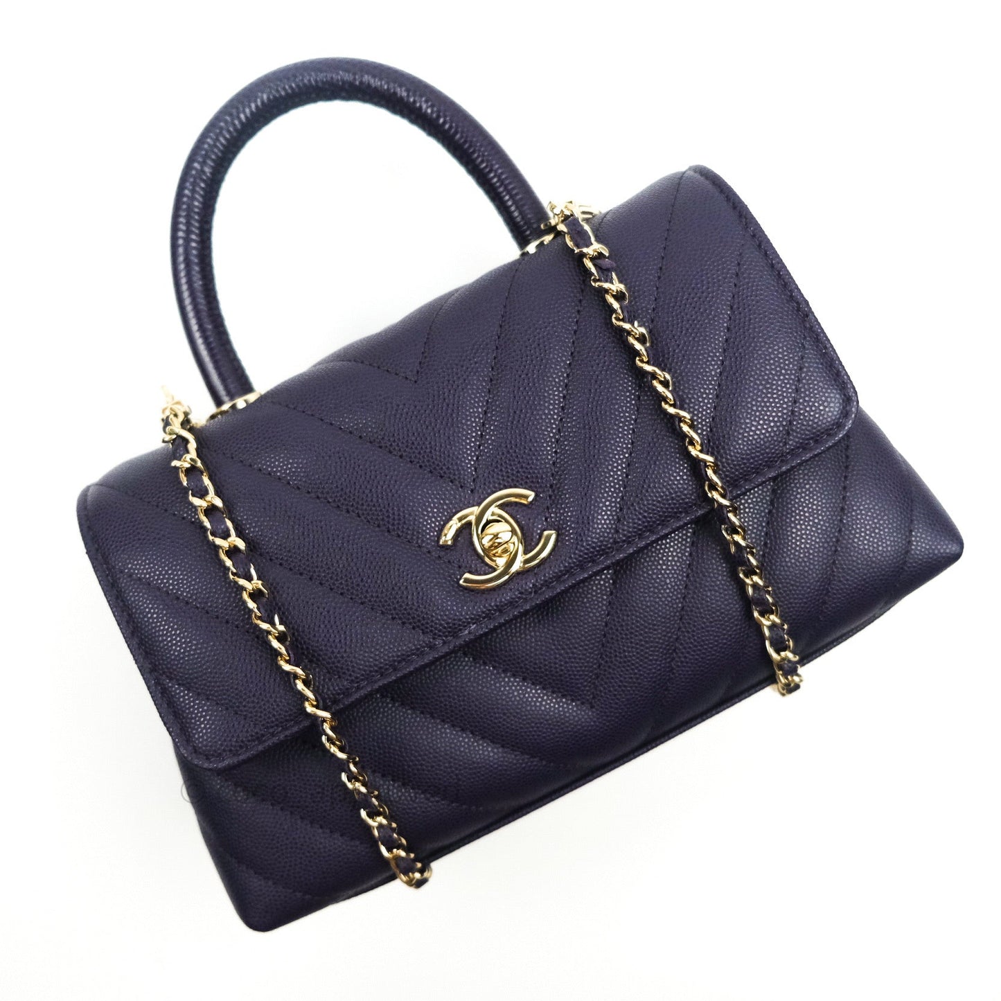 Chanel Mini Coco Handle Chevron Purple Caviar Quilted Gold Hardware