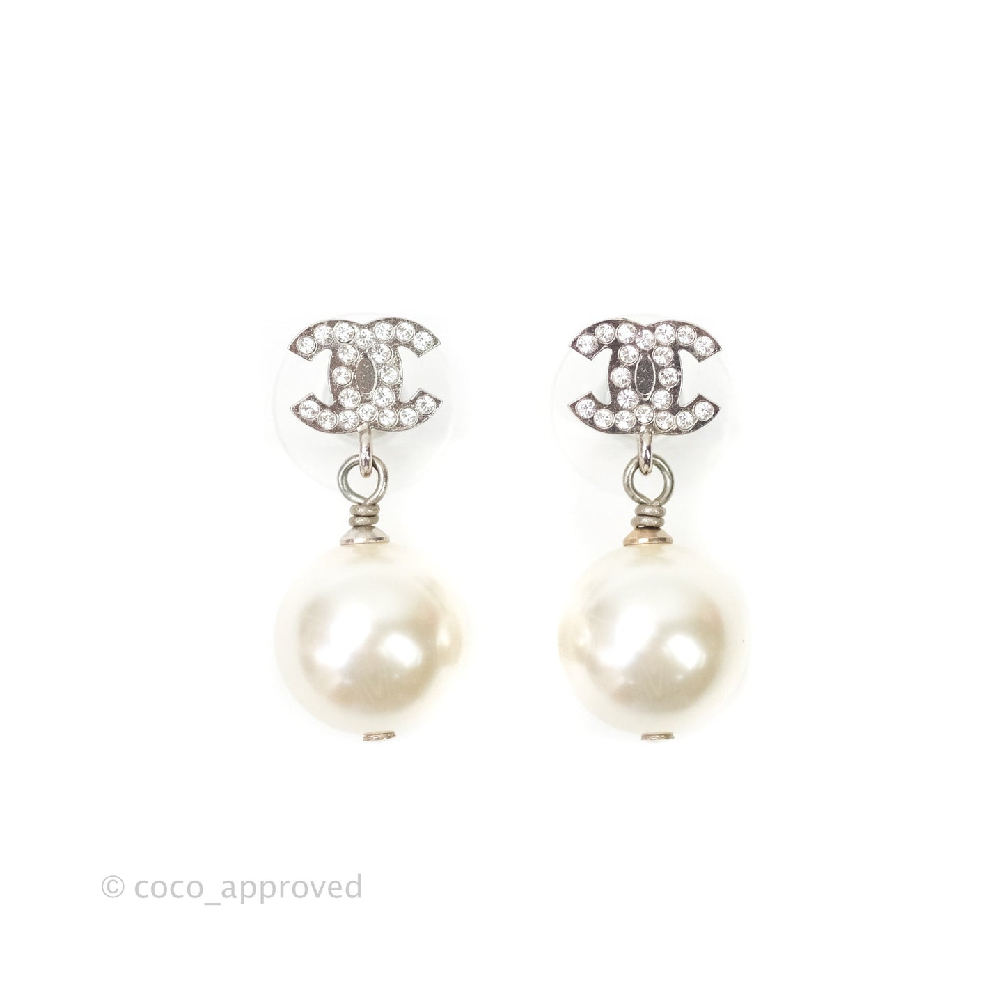 Chanel CC Rhinestone Pearl Drop Earrings Silver Tone
