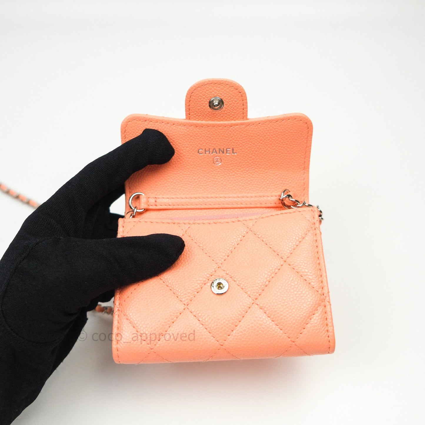 Chanel Mini Wallet With Chain Salmon Pink Caviar Silver Hardware