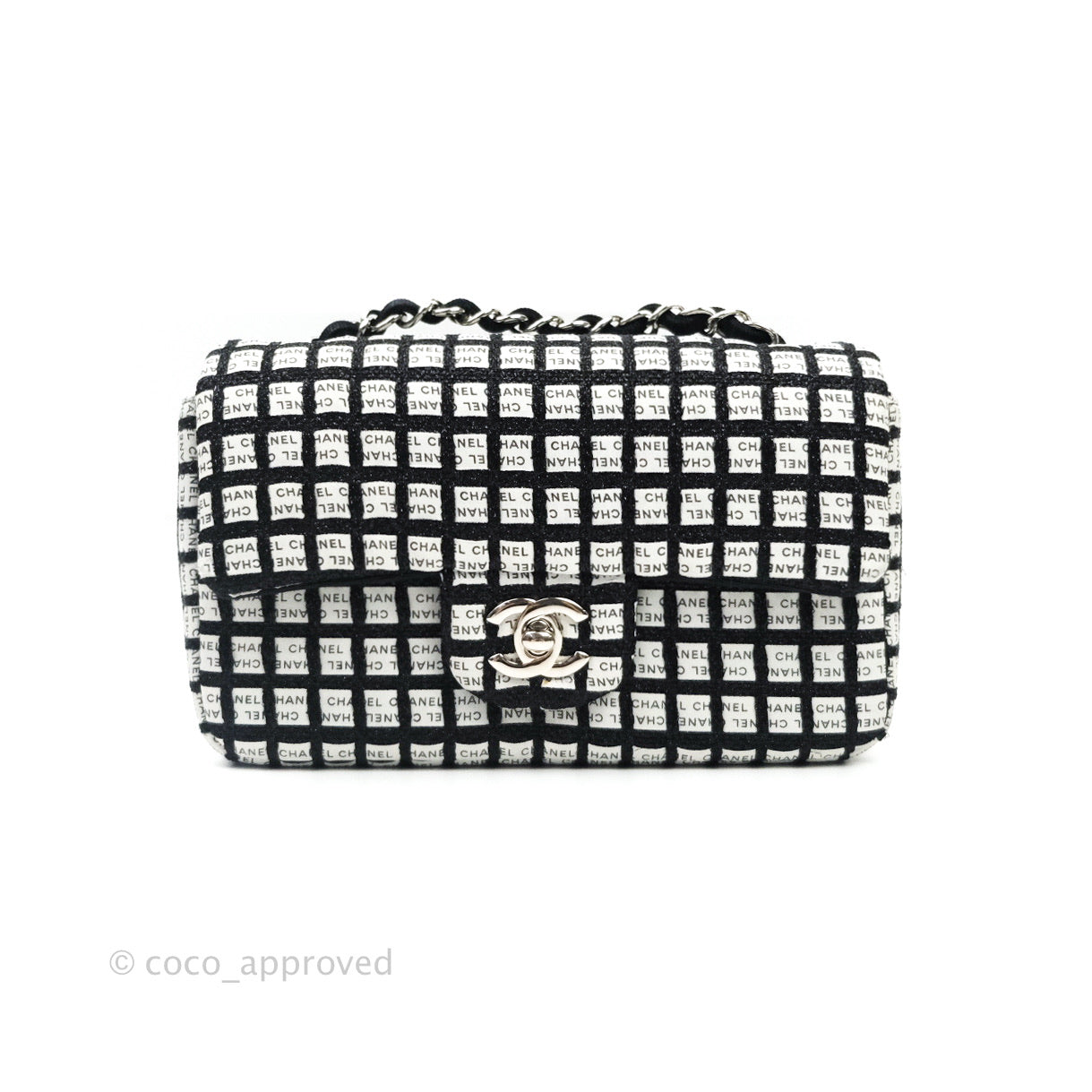 Chanel Quilted Mini Rectangular Black White Logo Silver Hardware