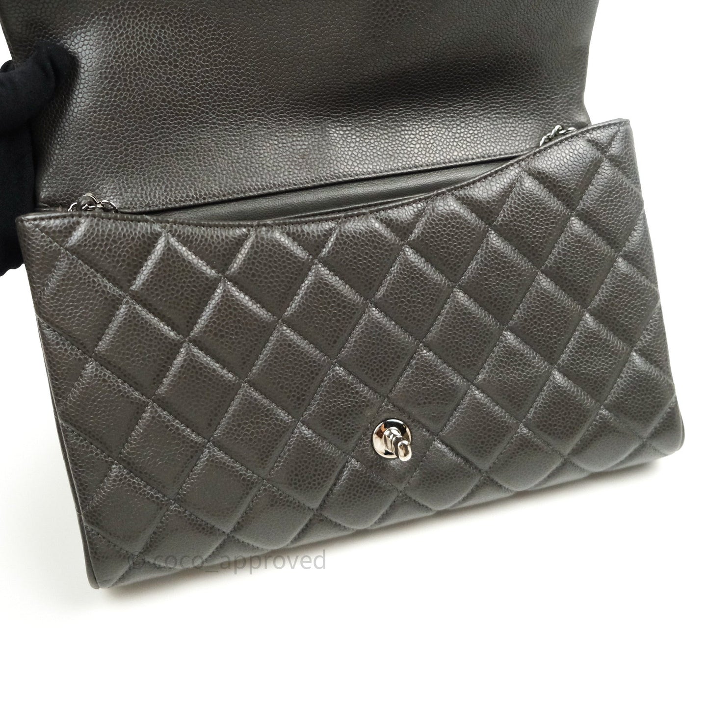Chanel Quilted Clutch with Chain Dark Grey Caviar Leather Silver Hardware