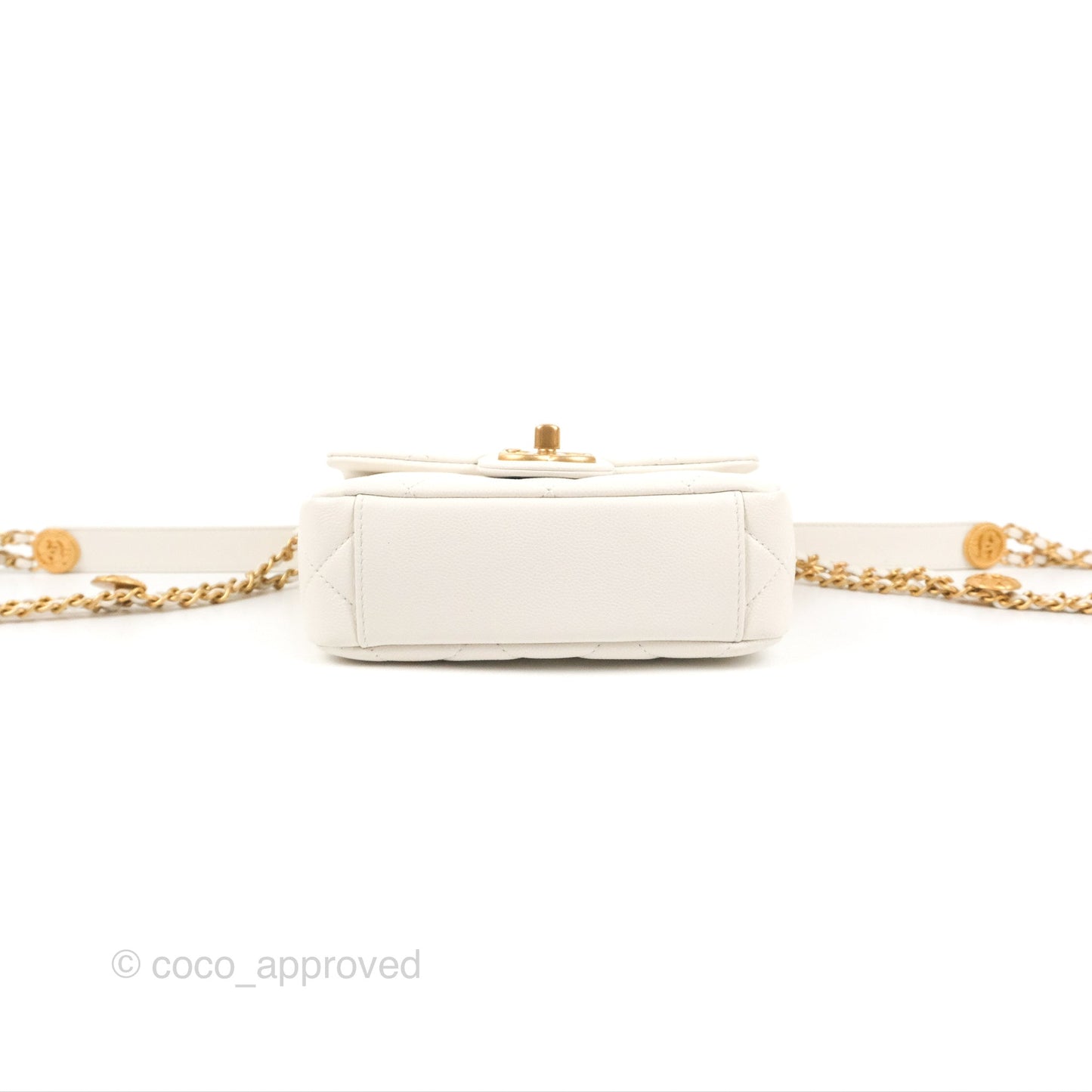Chanel Mini Flap with Coin Charm White Caviar Aged Gold Hardware 22A