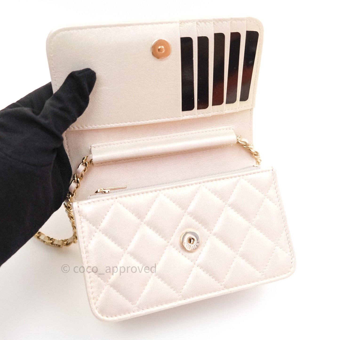 Chanel Quilted Mini Wallet on Chain WOC Iridescent Ivory Gold Hardware 20A