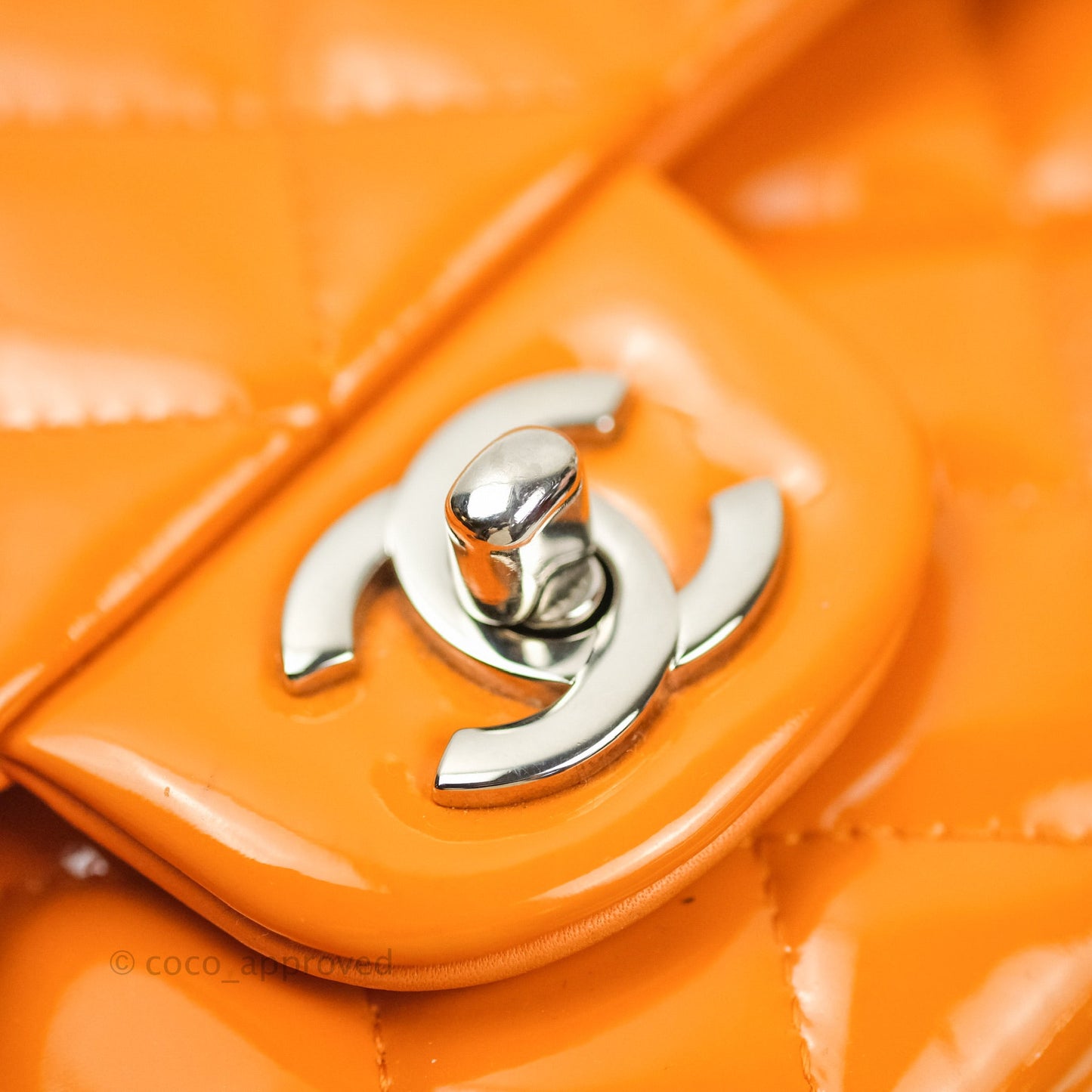 Chanel Classic M/L Medium Double Flap Orange Patent Silver Hardware