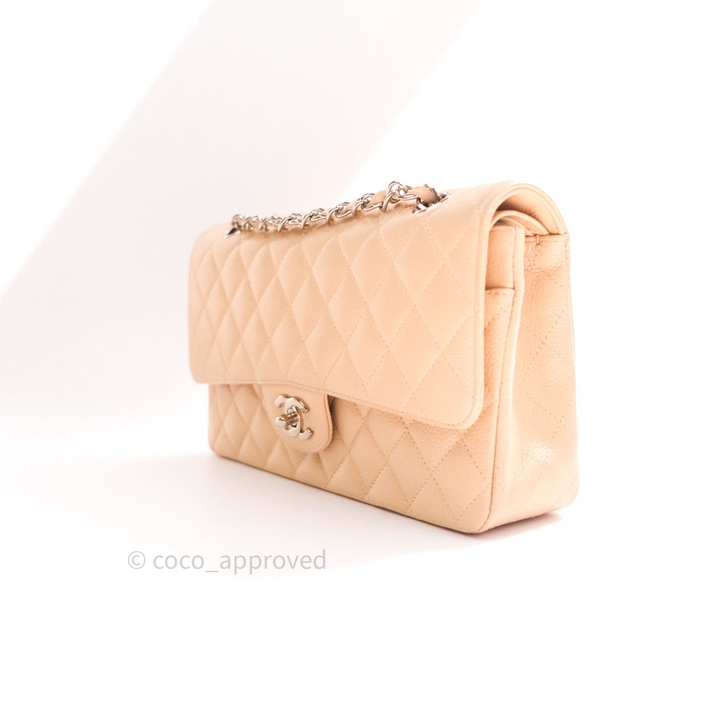 Chanel Quilted M/L Medium Double Flap Beige Clair Caviar Silver Hardware