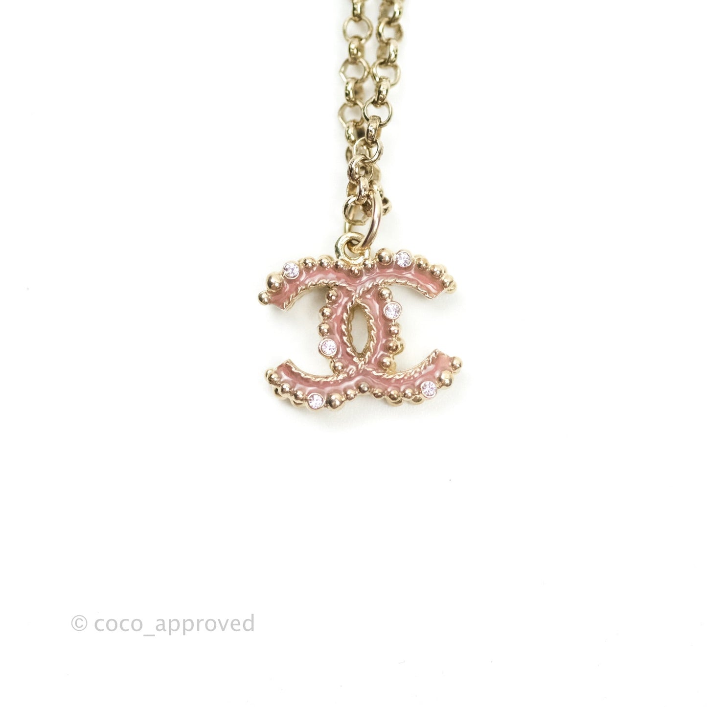 Chanel Enamel CC Necklace Pink Pendant Gold Tone 17A