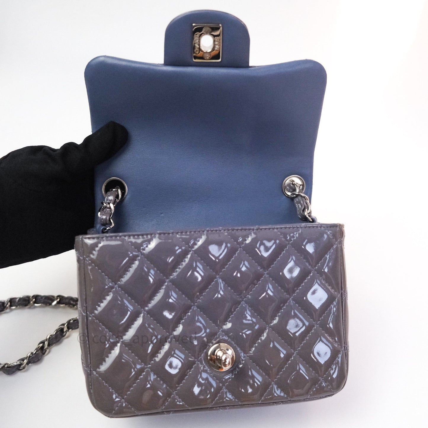 Chanel Mini Square Grey Patent Leather Silver Hardware