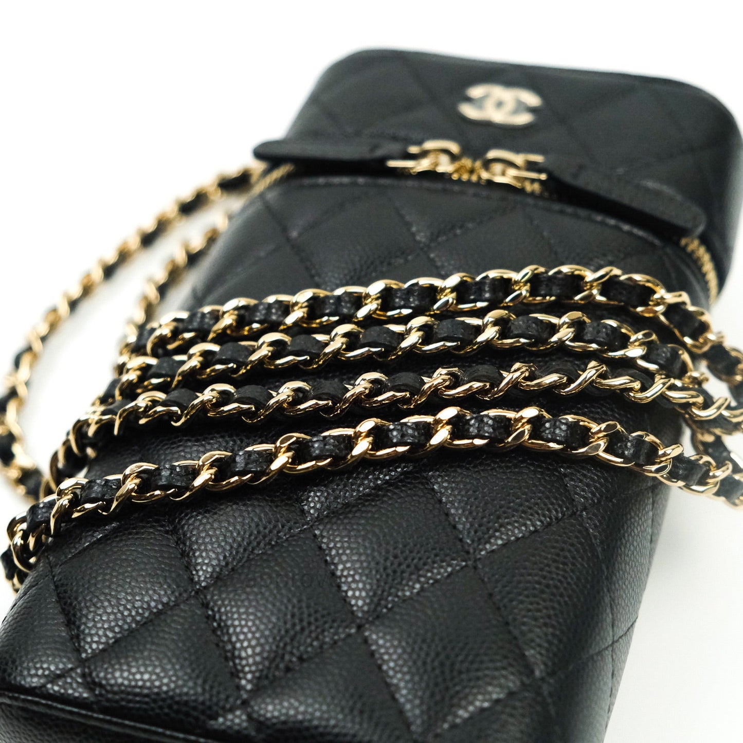 Chanel Vanity Phone Holder With Chain Black Caviar Gold Hardware