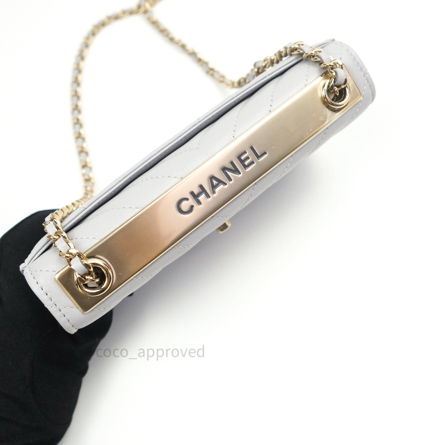 Chanel Mini Trendy CC Wallet On Chain WOC Lambskin Chevron Grey Gold Hardware