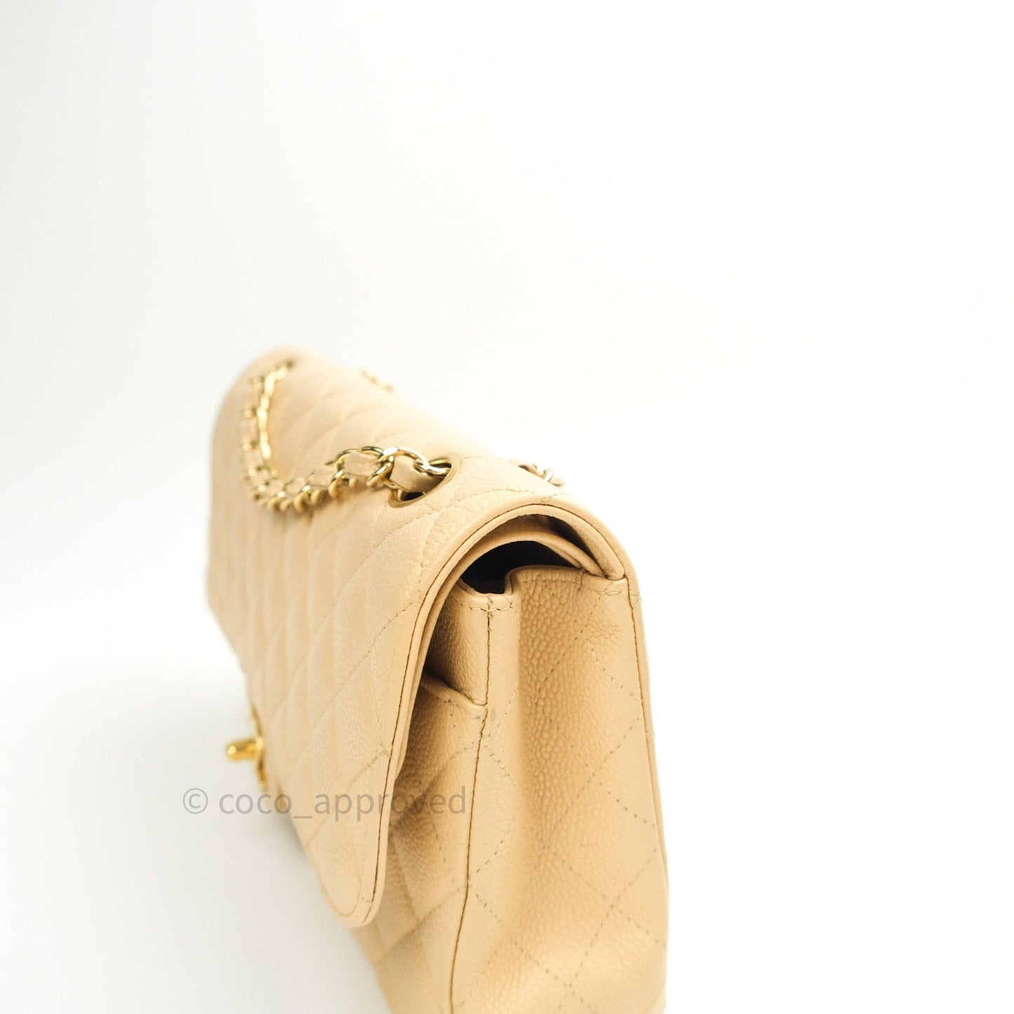 Chanel Quilted M/L Medium Double Flap Beige Clair Caviar Gold Hardware