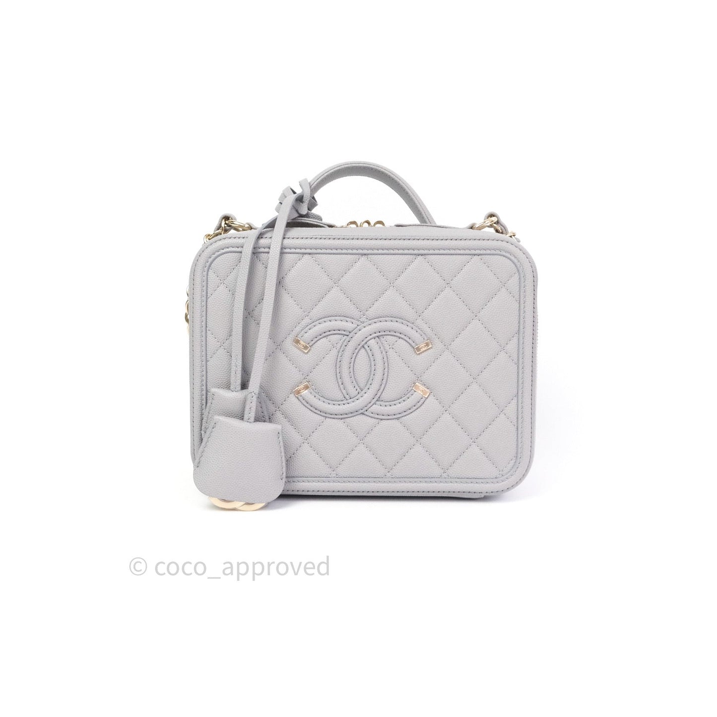 Chanel Quilted Medium CC Filigree Vanity Case Grey Caviar Light Gold Hardware